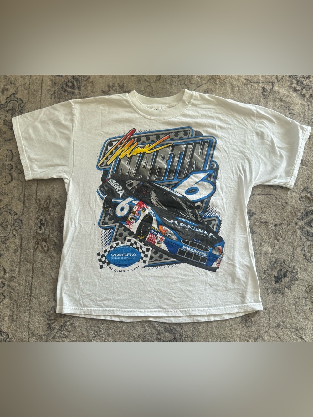 White Short-Sleeve Martin 6 Racing Graphic Tee with Blue Car Design